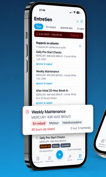 Liste d'entretien de Skipper360 filtrée par statut, avec les tâches en retard et bientôt dues, leurs échéances et l'avancement de la liste de contrôle